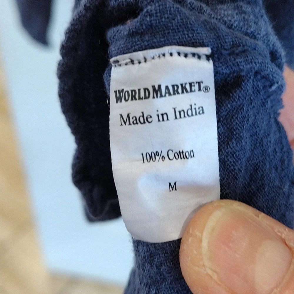 World Market 100% Cotton Textured Tunic Size Medium Navy Blue 3/4 Sleeves - Picture 5 of 5